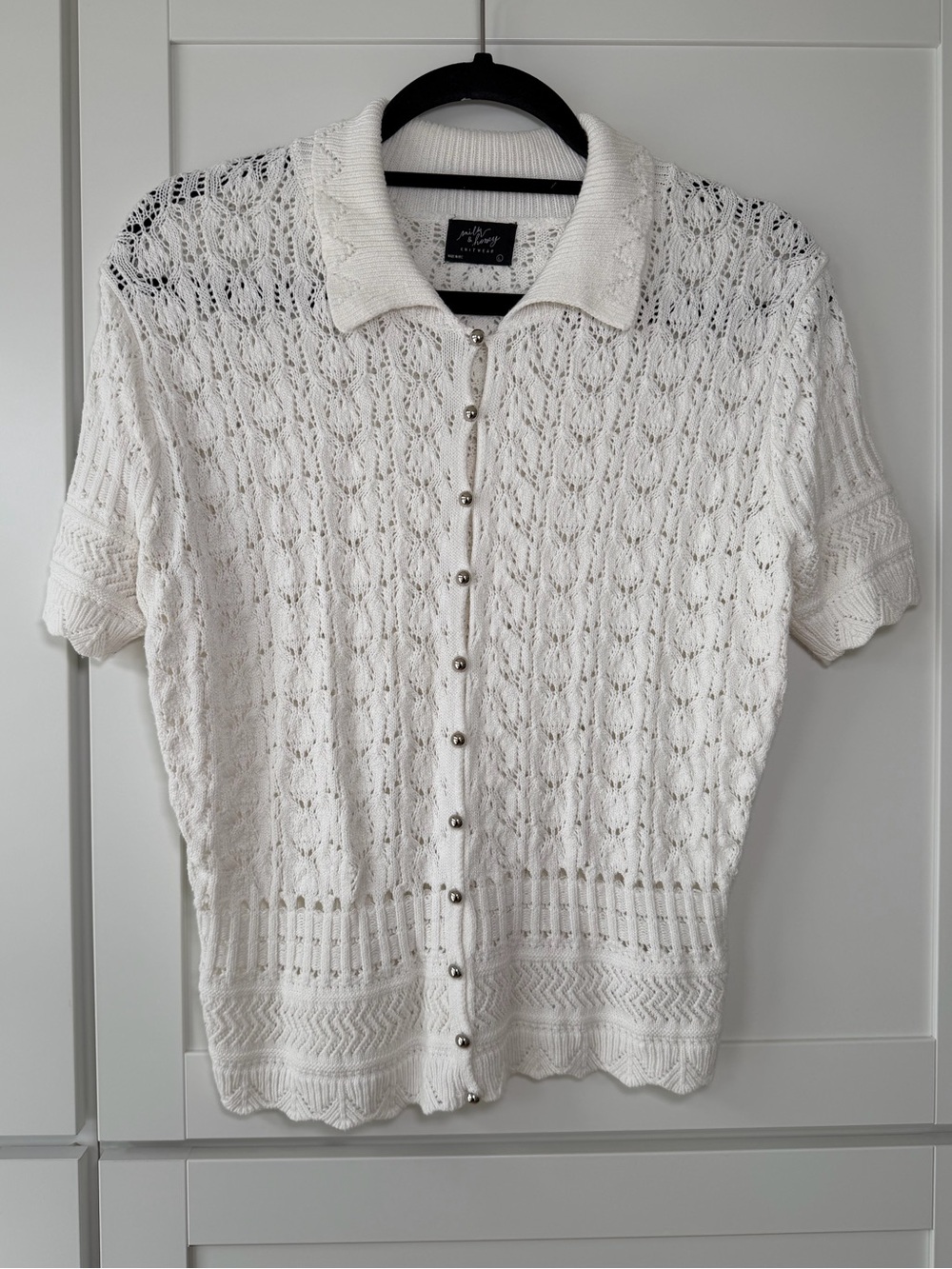 Milk & Honey Knitwear White Lace Knit Button Up Cardigan Blouse